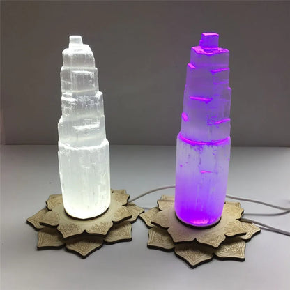 6-20cm White Light Lamp Base Only Gypsum Castle Reiki Healing Home Decor Mineral Specimen