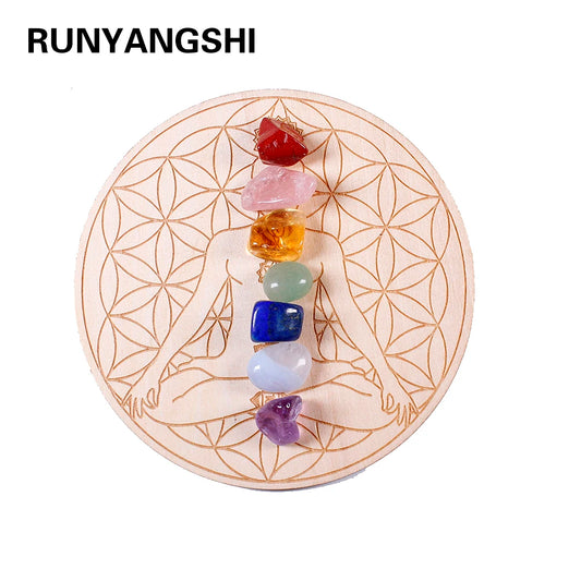 7pcs/set Natural Crystal Mixed  seven Chakra Healing Stone + Seven Star Array Wood Plate Gravel Chips Chakra Home decor Gift