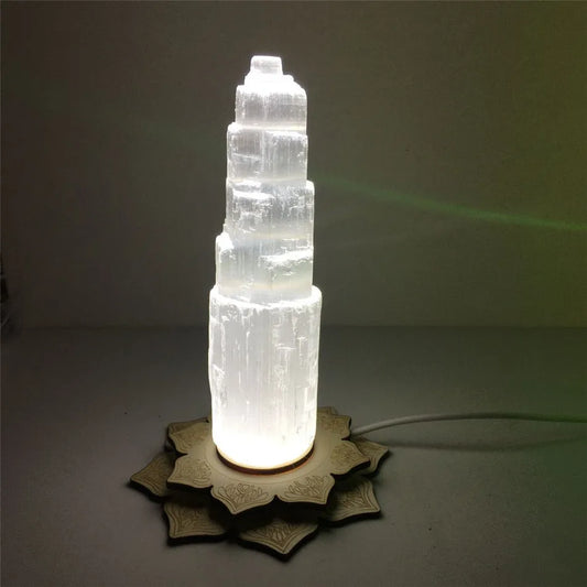 6-20cm White Light Lamp Base Only Gypsum Castle Reiki Healing Home Decor Mineral Specimen