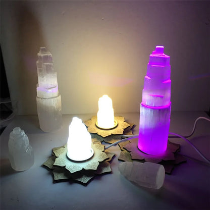 6-20cm White Light Lamp Base Only Gypsum Castle Reiki Healing Home Decor Mineral Specimen