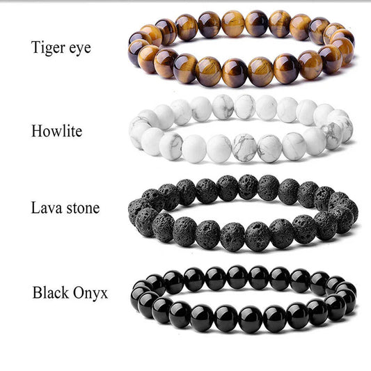 Beaded Bracelet 8mm Natural Stone Beads Gorgeous Semi-Precious Black Onyx Lava Tiger Eye Healing For Women Men Jewelry