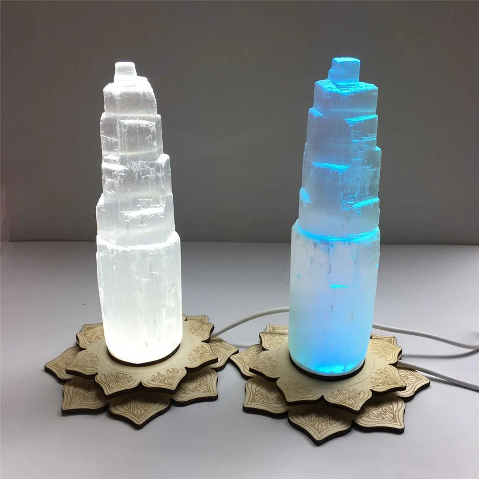 6-20cm White Light Lamp Base Only Gypsum Castle Reiki Healing Home Decor Mineral Specimen