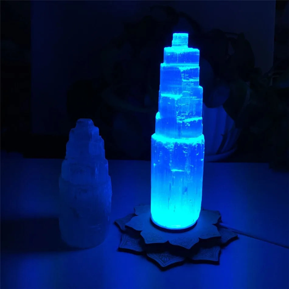 6-20cm White Light Lamp Base Only Gypsum Castle Reiki Healing Home Decor Mineral Specimen